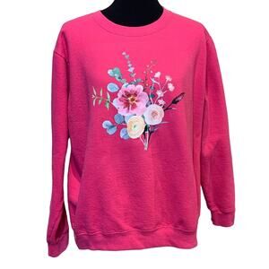 Hand Printed XL Upcycled Watercolor Summer Flower Peony Aster Bouquet Sweatshirt